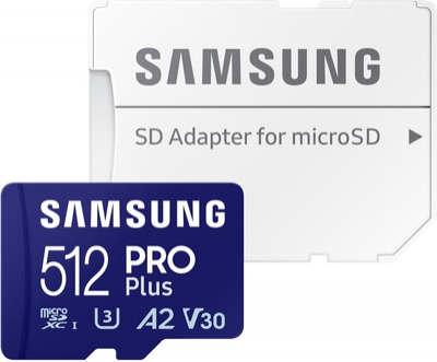 '512GB MicroSD (Class 10) UHS-I (U3) +SD adapter, Samsung PRO Plus ''MB-MD512SA'' (R/W:180/130MB/s)