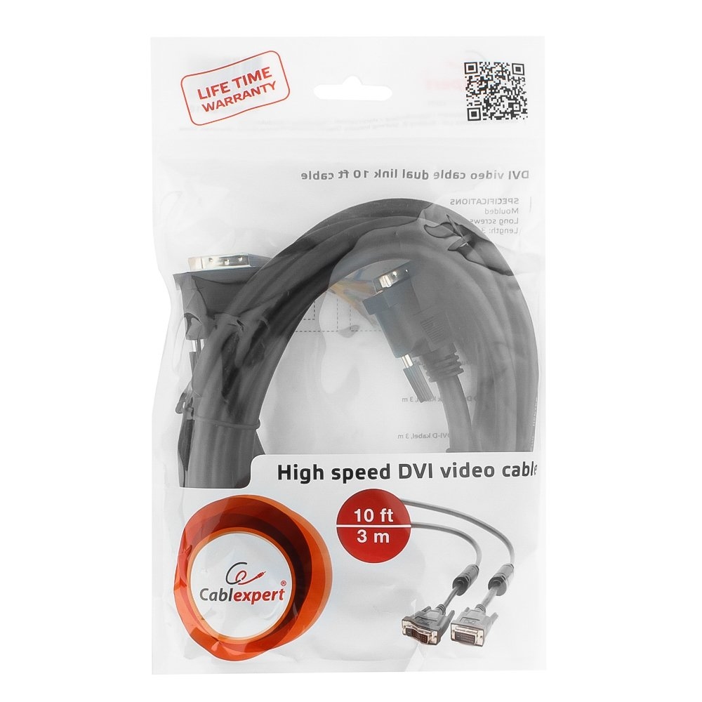 Cable DVI M to DVI M,  3.0m, Cablexpert DVI-D Dual link with ferrite, CC-DVI2-BK-10