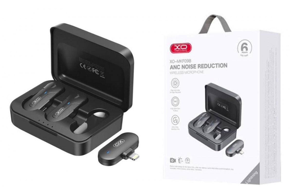 XO MKF09B Lightning Self-charging Compartment One to Two Low Latency Wireless Lavalier Microphone Bl