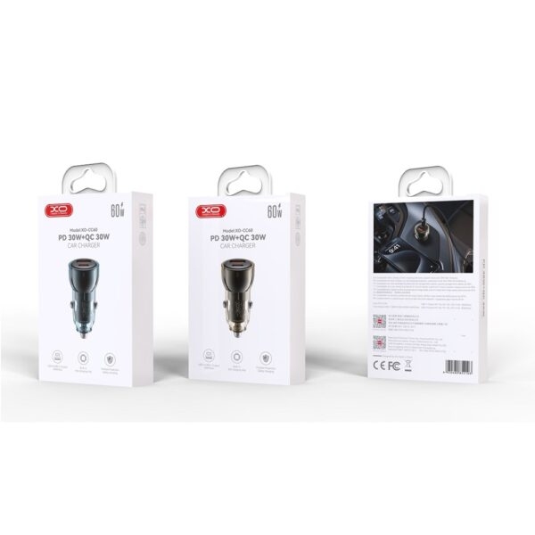 XO CC60 Smart Transparent Car Charger A30+C30 Simultaneous 60W+Type-c Data Cable Car Charger Black