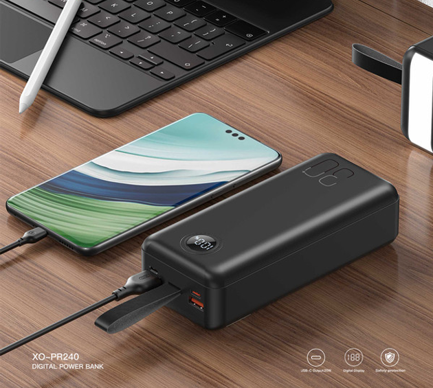 XO PR240 USB-C 20W/USB-A 22.5W Digital Fast Charger 30000mAh (with LED light) Black