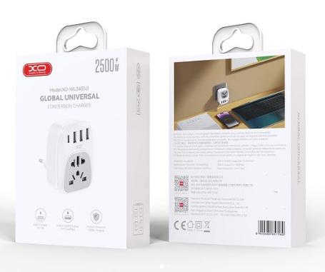 XO WL26 EU to Multi-Country Universal Wall Plug 1USB-C+3USB-A Multi-Port Output Charger White