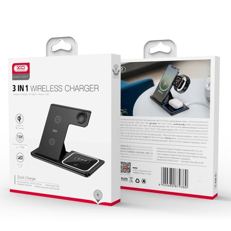 XO WX023  15W wireless charger (3 in 1 Supporting TWS,mobile phone,Apple Watch) Black