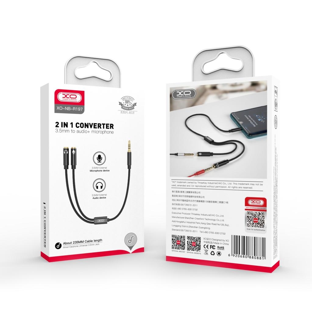 XO NB-R197 2 IN 1 3.5mm to audio+microphone converter Black