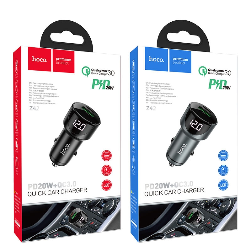 Hoco Z42 Light road dual port digital display PD20W+QC3.0 car charger black