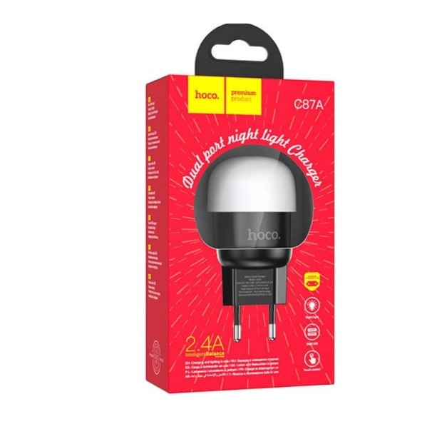 Сетевое Зарядное Устройство Hoco C87A Sparkle dual port night light charger(EU) black