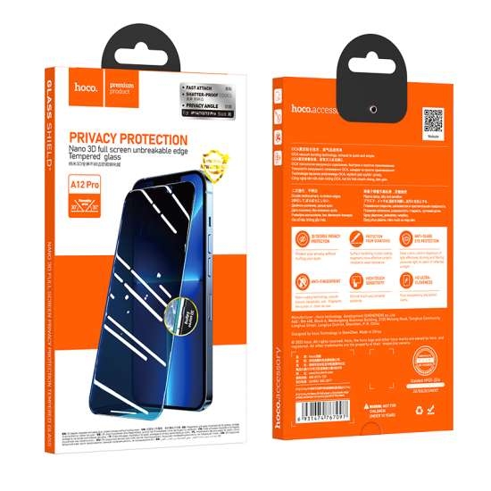Hoco Nano 3D full screen edge privacy protection tempered glass for ip14 Plus/13 Pro Max(A12 Pro) bl