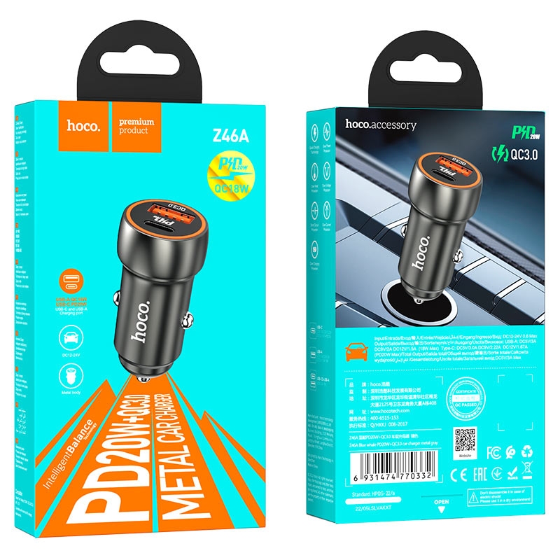 Hoco Z46A Blue whale PD20W+QC3.0 car charger metal gray