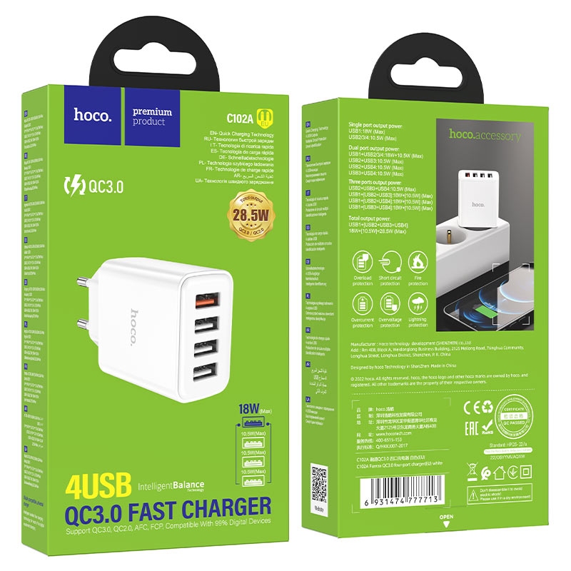 СЗУ HOCO C102A Fuerza 4USB/3,4A/28,5W/QC3.0 White
