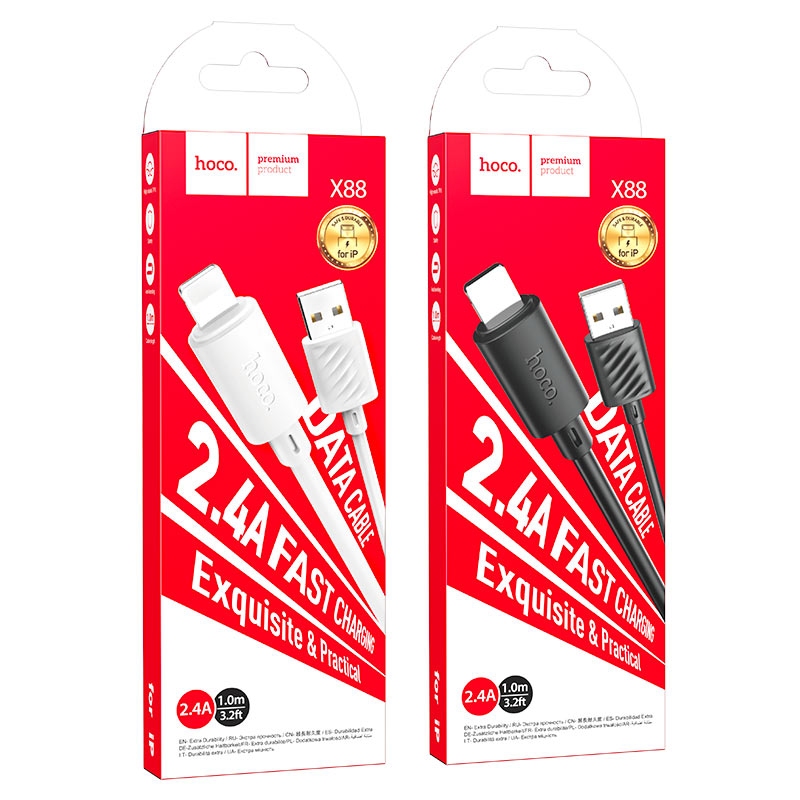 Cable HOCO X88 Gratified charging data cable for iPhone 2,4A/1m. White