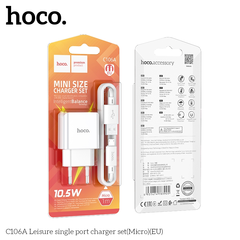 Hoco C106A Leisure single port charger set(Micro)(EU) white