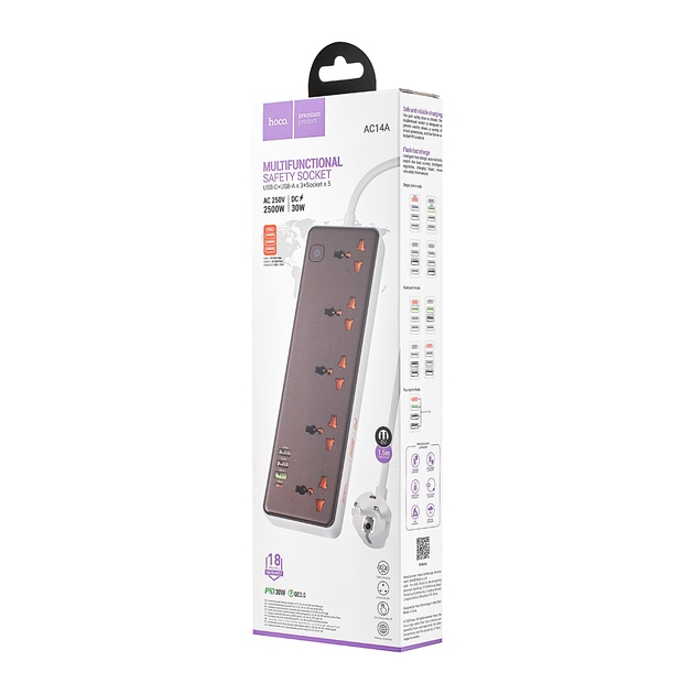 Hoco AC14A Rico 5-position socket(PD30W/1C3A)(EU) black