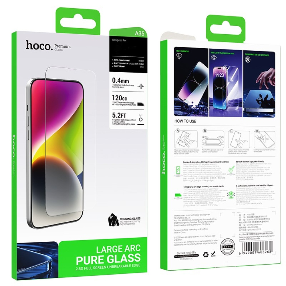 Hoco Corning original screen large arc edge tempered glass for ip15 Pro(A35) black