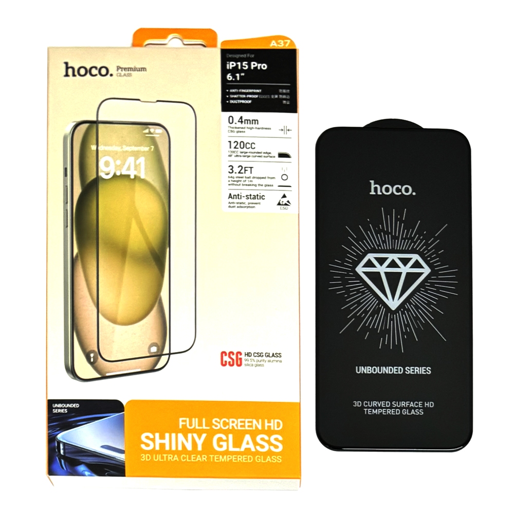 Hoco Unbounded series 3D curved surface anti-spy tempered glass iP15 Pro Max(A37 Plus) black