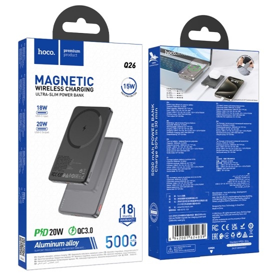 Hoco Q26 Joy PD20W magnetic fast charging power bank(5000mAh) metal gray
