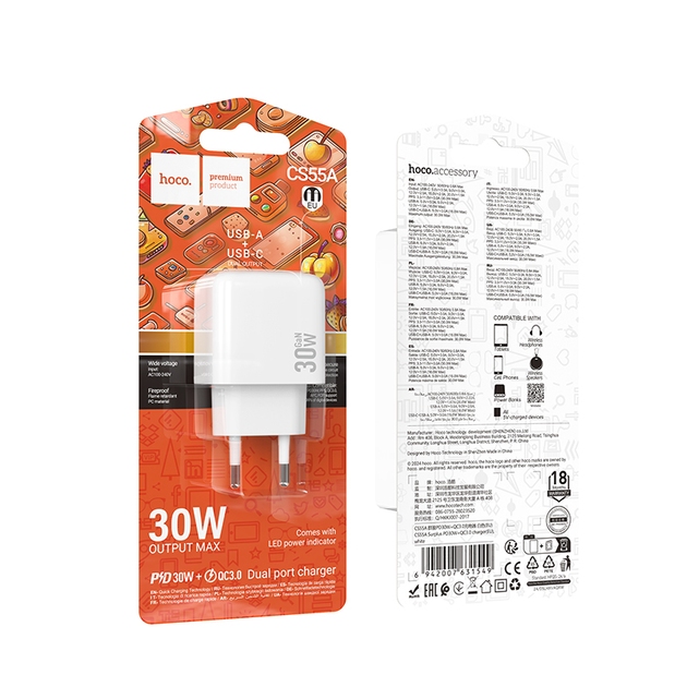 Hoco CS55A Surplus PD30W+QC3.0 charger(EU) white