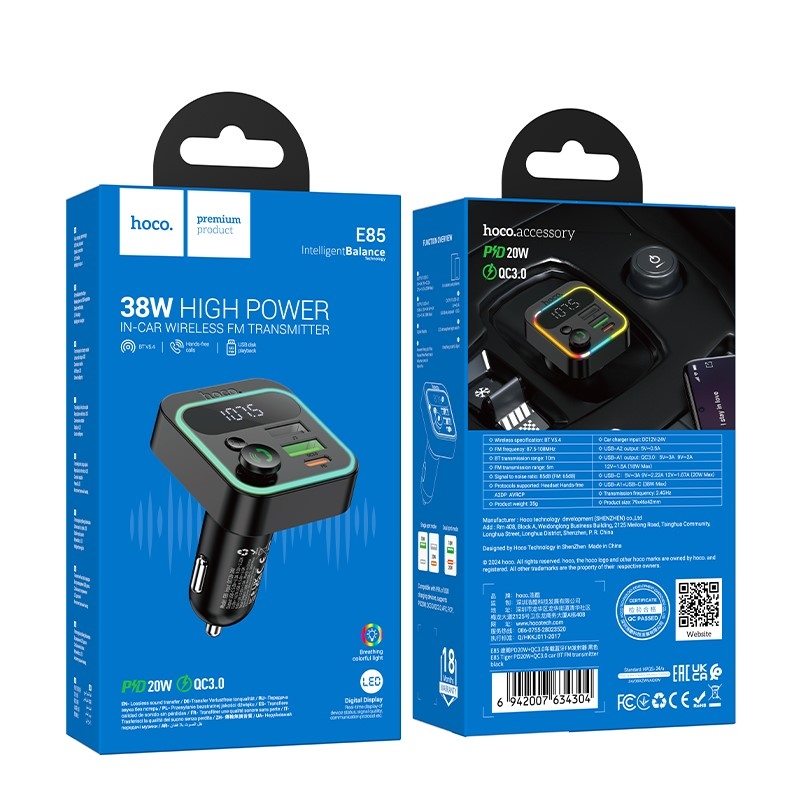 Hoco E85 Tiger PD20W+QC3.0 car BT FM transmitter black