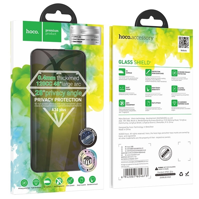 Hoco 9D large arc dustproof anti-spy glass for ip16 Pro Max(A34 Plus) black