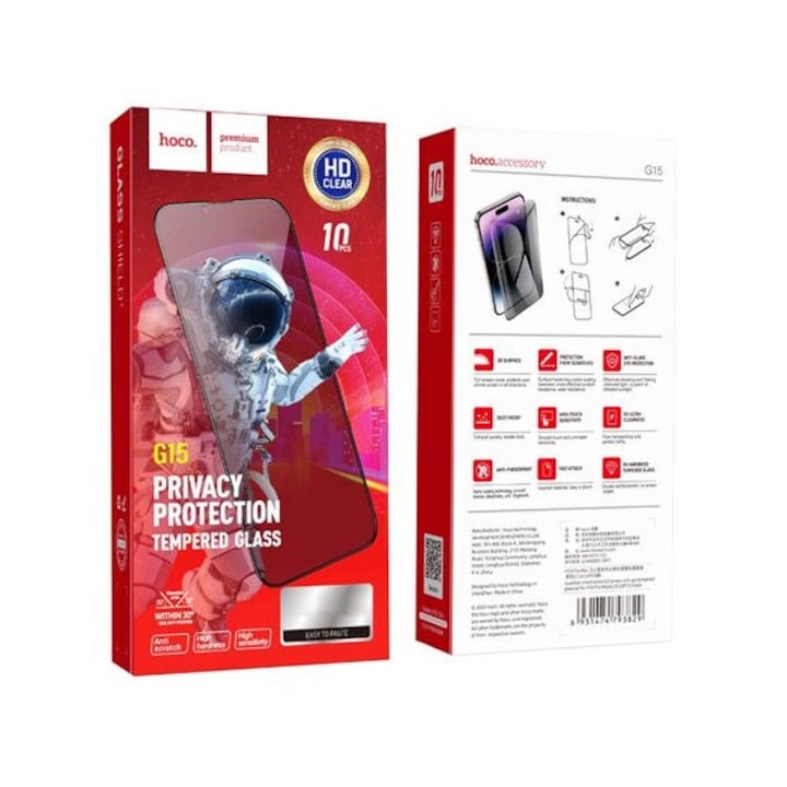 Hoco Guardian shield series full-screen anti-spy tempered glass set for iP16 Pro (G15)
