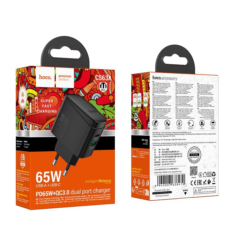 Hoco CS63A Bright PD65W(1A1C) charger(EU) black