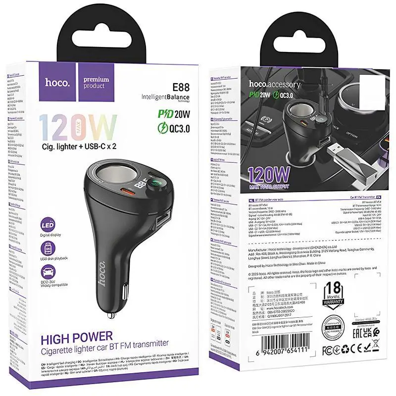 Hoco E88 Star 35W(2C) cigarette lighter car BT FM transmitter black