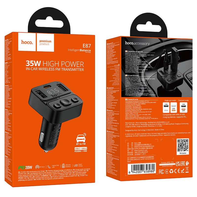 Hoco E87 Delta 35W(1A1C) car BT FM transmitter black