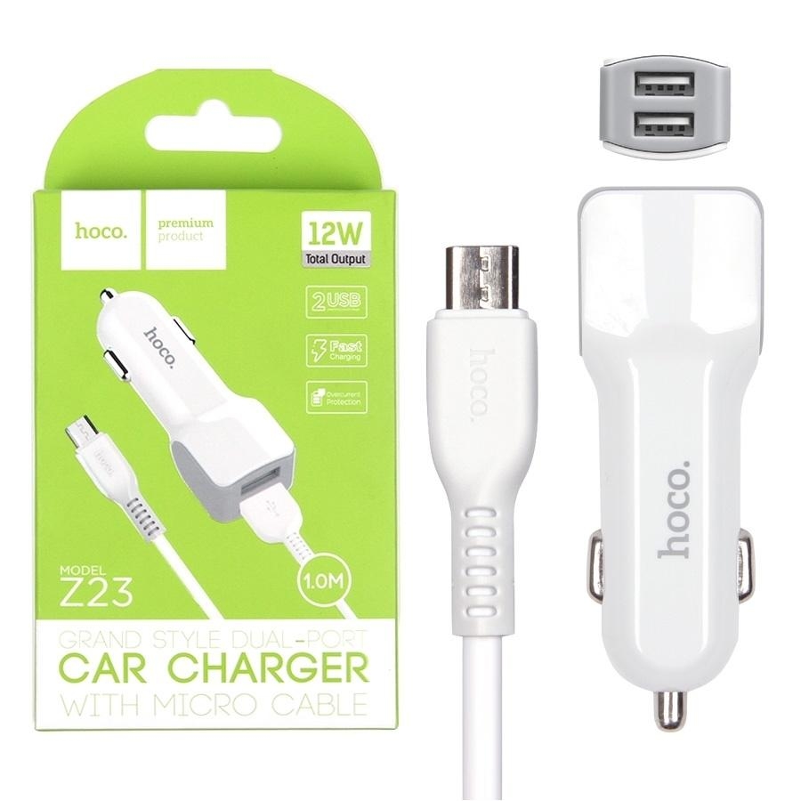 Hoco Z23 grand style dual-port car charger set with Micro cable white