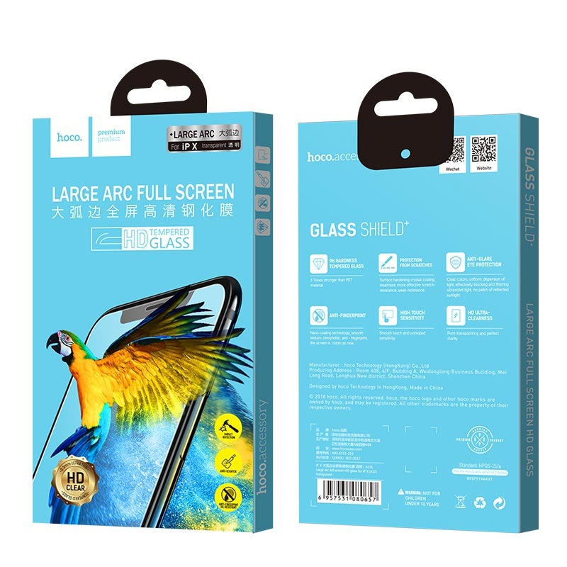 Hoco Large arc full screen HD tempered glass for iPhoneX/XS(A10) transparent