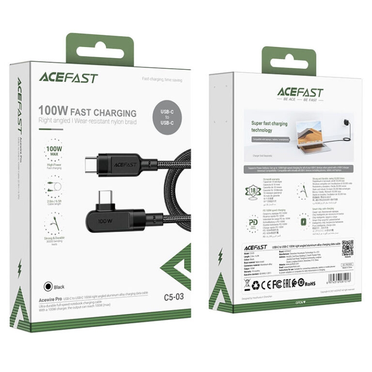ACEFAST C5-03 USB-C to USB-C 100W right angled aluminum alloy charging data cable,black