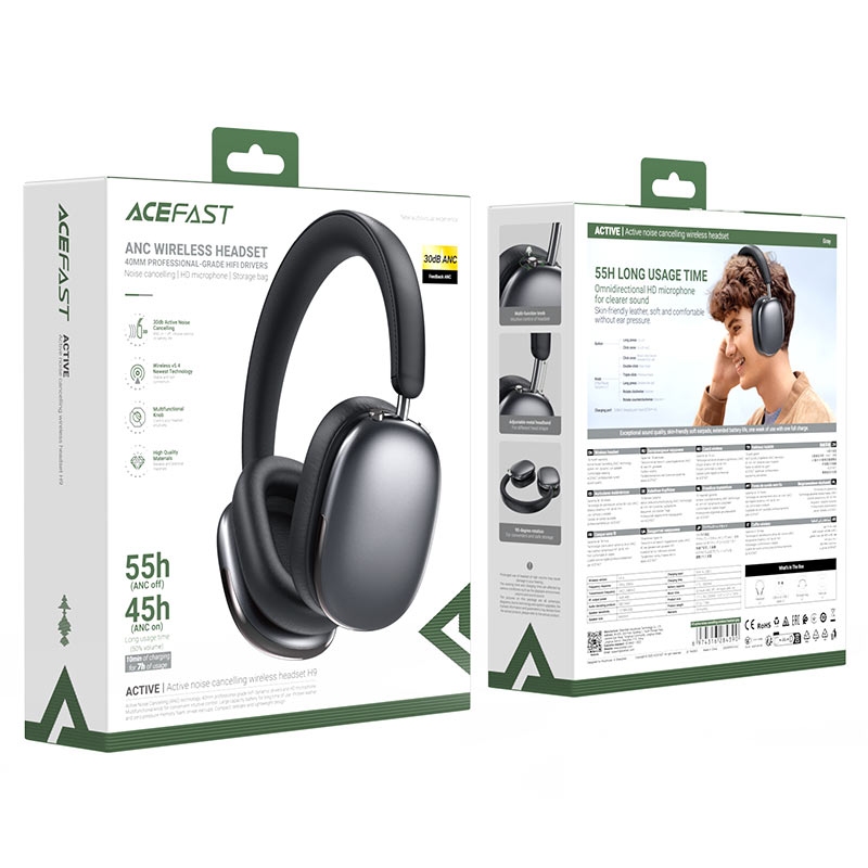 Acefast H9 active noise cancelling wireless headset gray