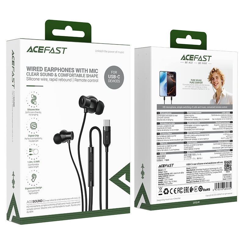 Acefast L10 USB-C in-ear silicone wired earphones with mic black