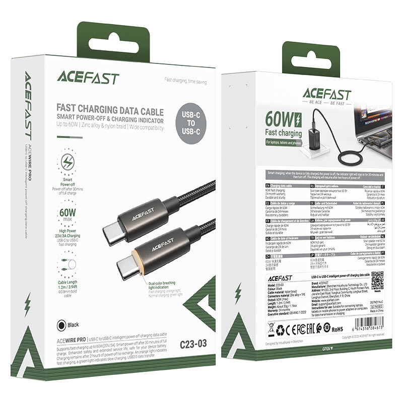 Acefast C23-03 USB-C to USB-C intelligent power-off charging data cable black