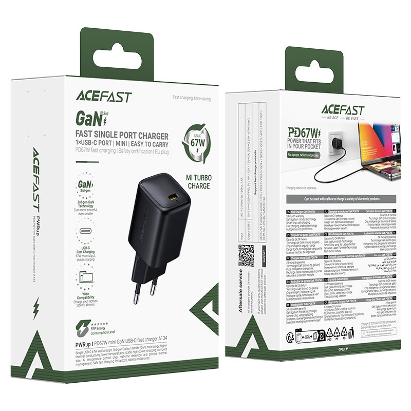 Acefast A134 PD67W mini GaN USB-C fast charger (EU) black