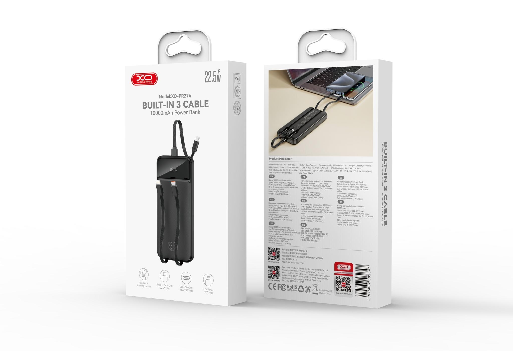 XO PR274 22.5W20W Self-contained 3-wire digital display fast charger 2C port, 1iP 10000mAh black