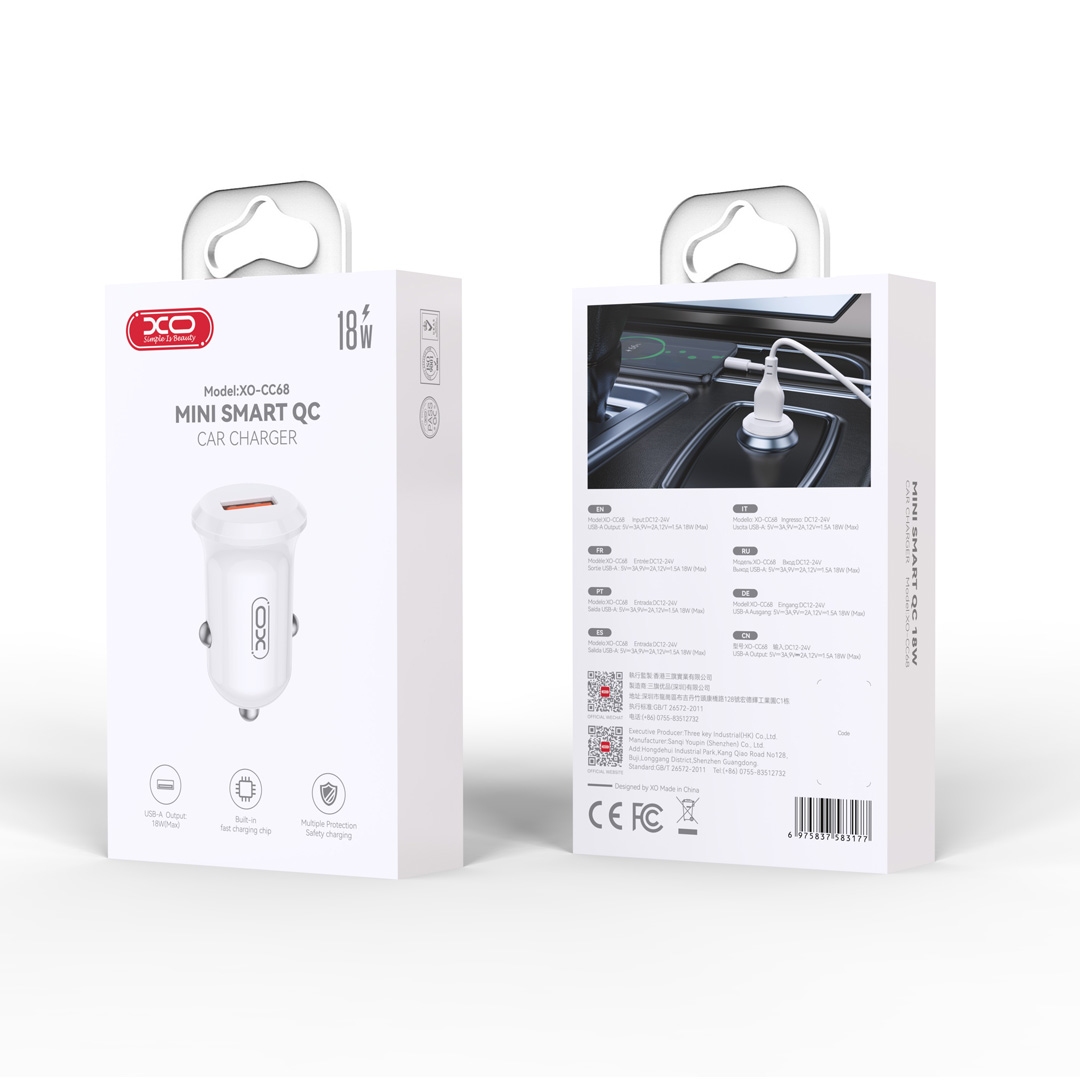 XO CC68 Mini Smart Single QC18W Car Charger white