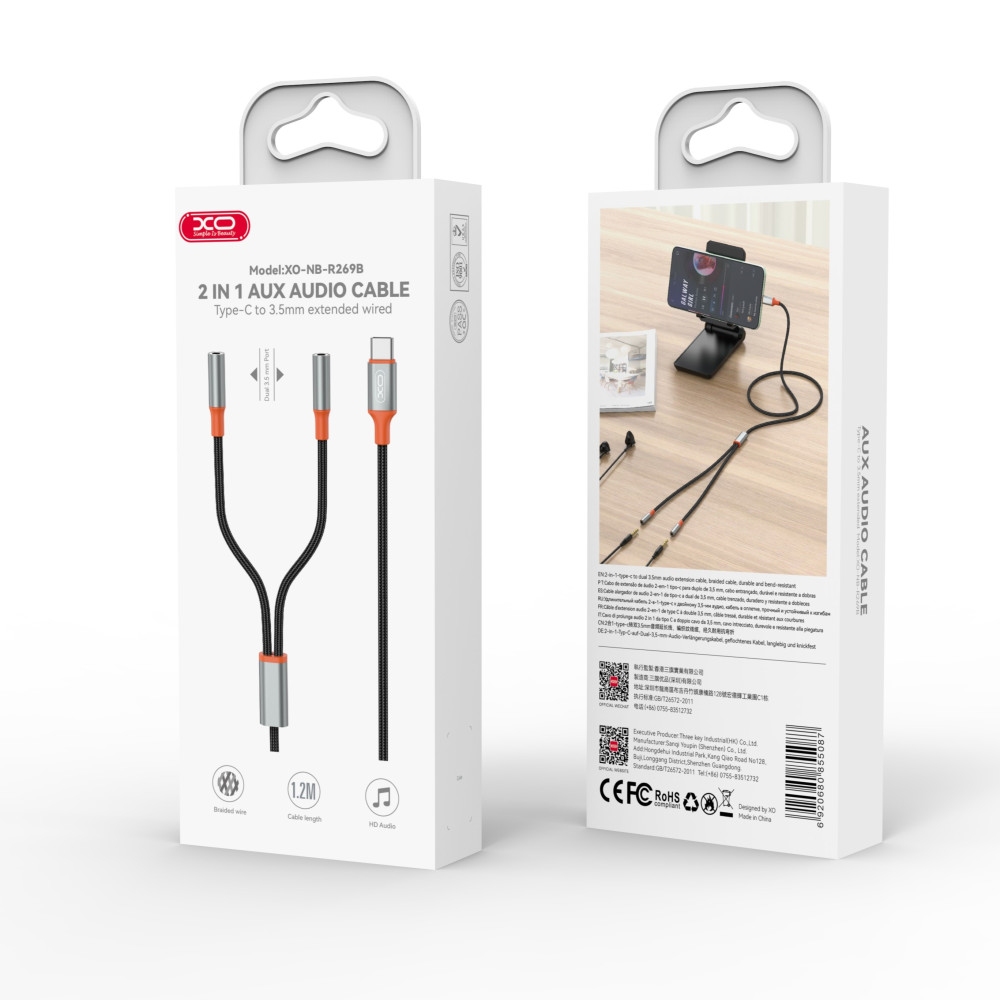 XO NB-R269B Couple Cable Type-c to Dual 3.5 Female Adapter 1.2m Black