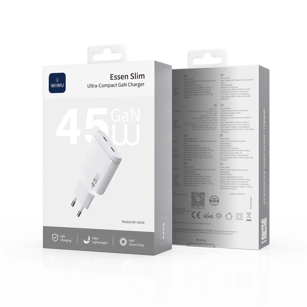 Wiwu 45W Essen Slim Ultra-Compact GaN Charger Wi-G034 White