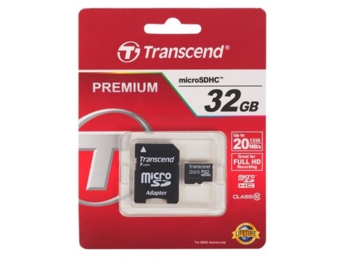 .32GB MicroSD (Class 10) UHS-I (U1),+SD adapter, Transcend 'TS32GUSD300S-A' (R/W:95/45MB/s)