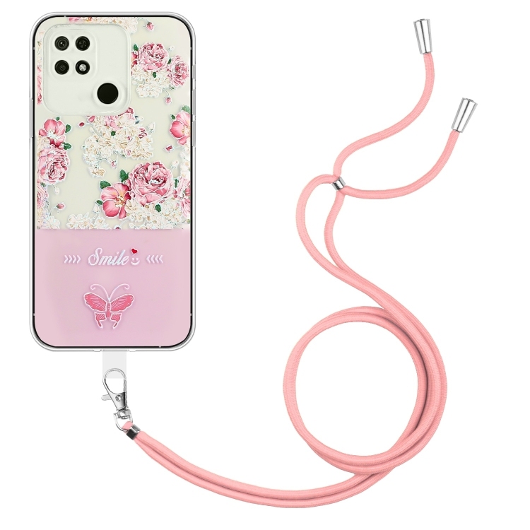 Husa p/u Xiaomi Redmi 10A/9C Bronzing Butterfly Flower  with Lanyard(Peony)