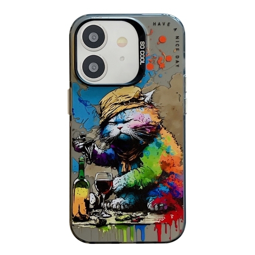 iPhone 11 Animal Pattern Oil Painting Series PC + TPU Husa (Drinking Cat)