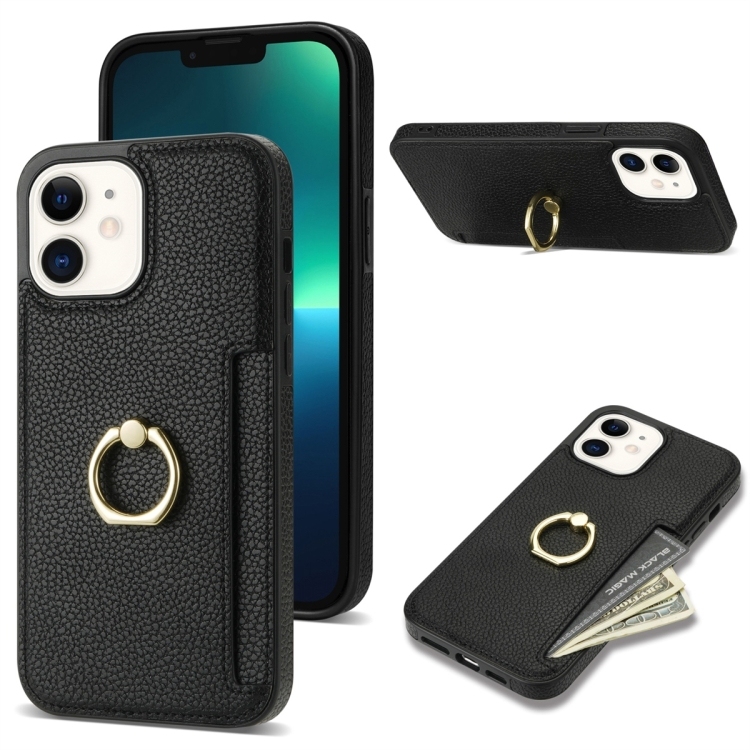 iPhone 12 Ring Card Litchi Piele Back Husa (Black)