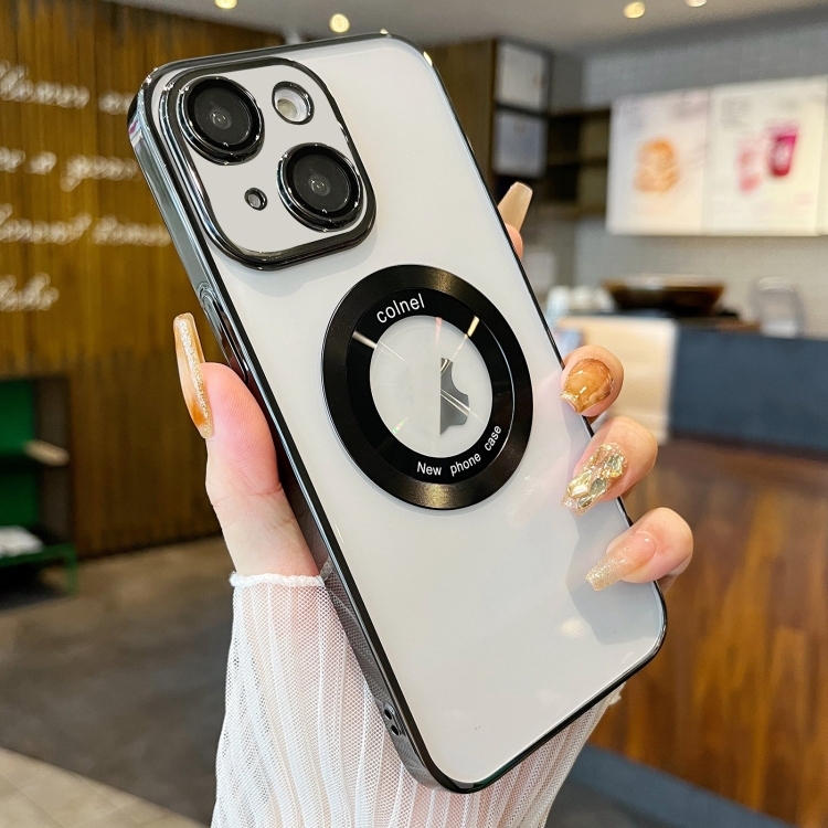 iPhone 15 Plus Transparent Electroplated PC MagSafe Husa(Black)