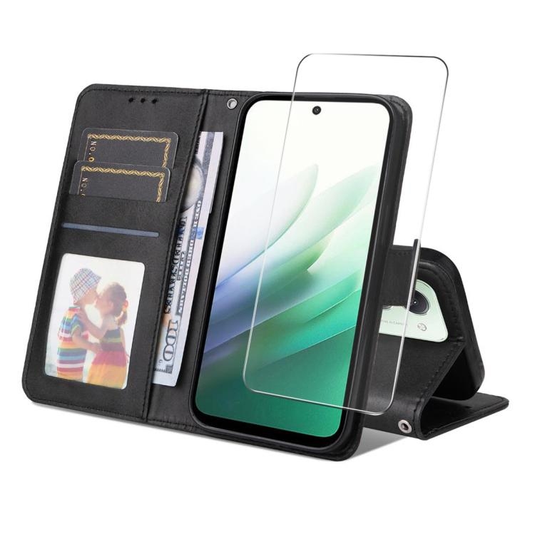 Redmi 15 4G EU 171.2mm ENKAY Card Wallet Calf Texture Piele Phone Husa with Screen Film (Black)