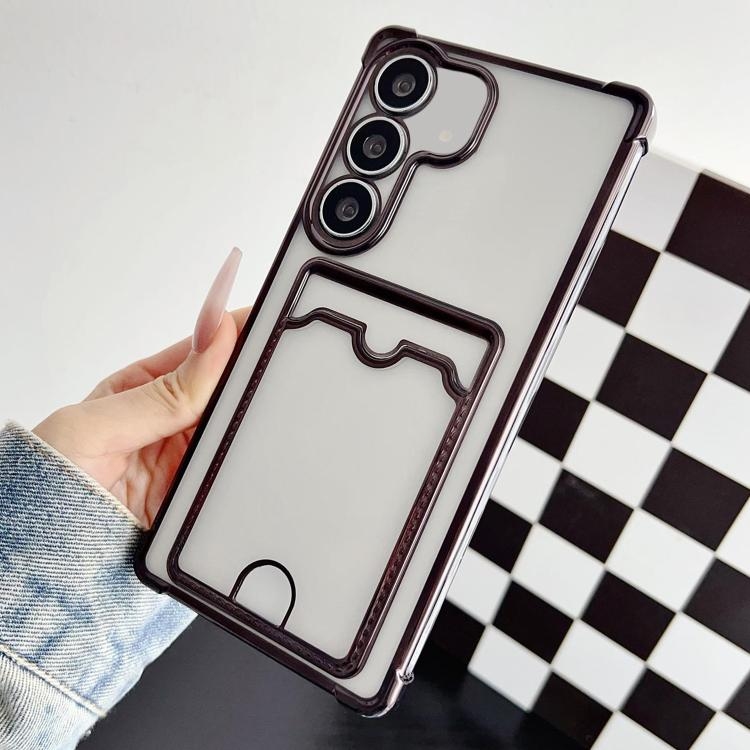 Samsung Galaxy S25 5G Four-cornered Electroplated Card Bag TPU Phone Husa (Black)